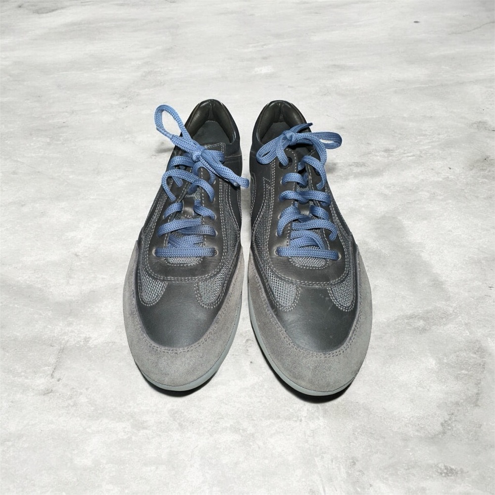 Salvatore Ferragamo Gray Suede & Leather Sneakers with Blue Laces